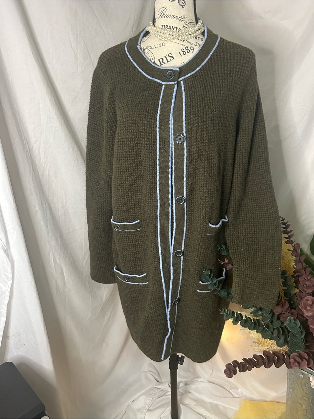 Talbots Olive Knit Button-Front Cardigan with Light Blue Trim